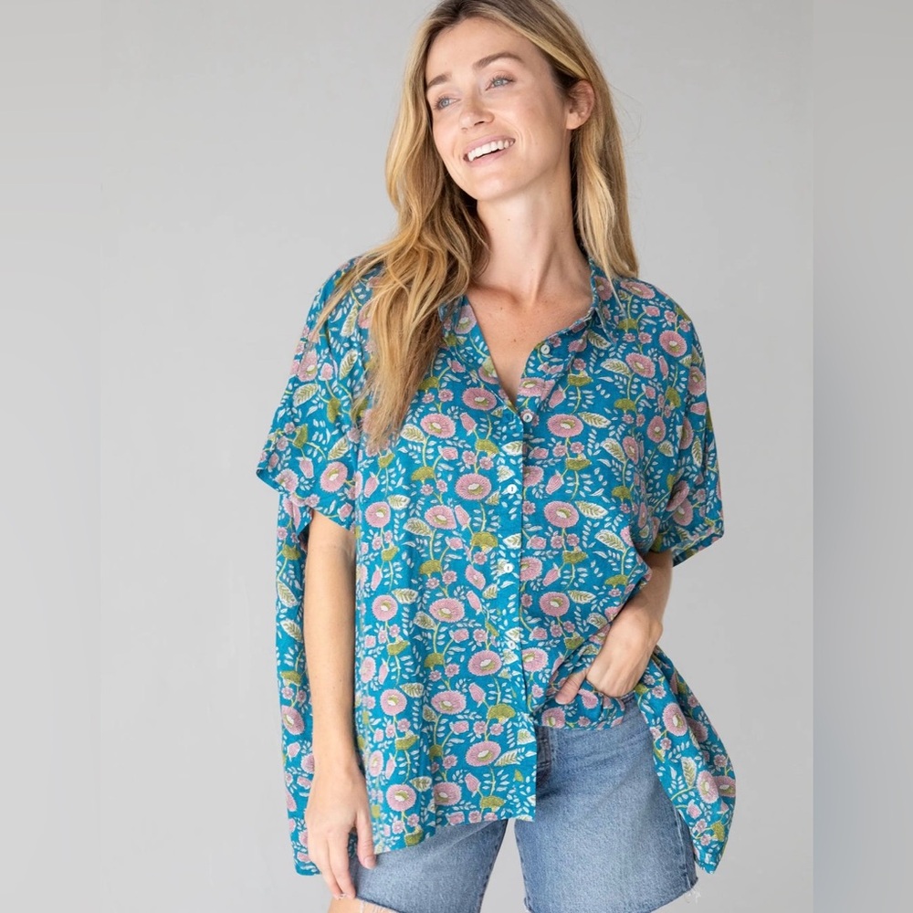 NATURAL LIFE Teal Floral Button-Up Blouse with Pink Accents
